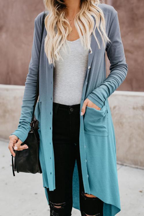 Blue Ombre Button Down Pocketed High Low Cardigan