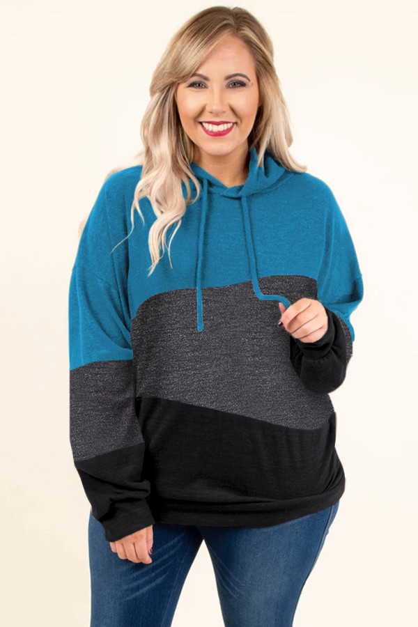 Blue Lucky Break Color Block Plus Size Hoodie