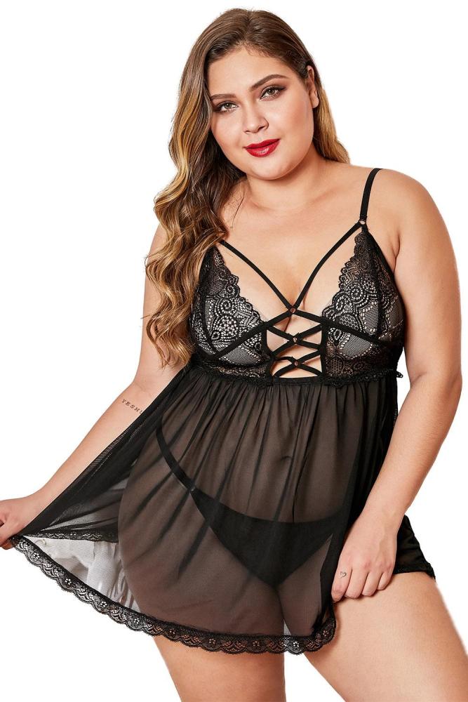 Black Criss Cross Lace Tulle Plus Size Babydoll with Thong