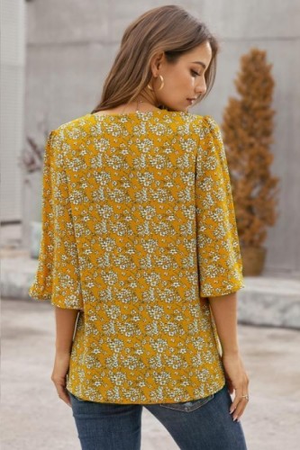 Mustard Sweet Osmanthus Print Button Down Blouse