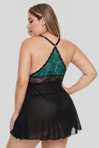 Green Plus Size Lattice Babydoll Set