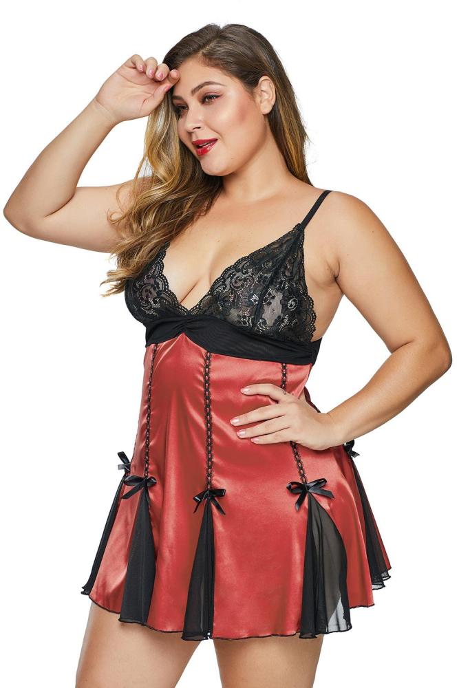 Orange Lace Cup Satin Tulle Plus Size Babydoll with Bowknot