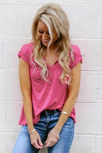Rose Buttoned Detail Cotton Blend Short Sleeve T-shirt
