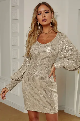 Apricot Metallic Puffy Sleeves Sequin Dress