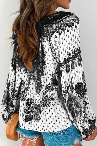White Floral Print Long Sleeve Mid-Length Blouse