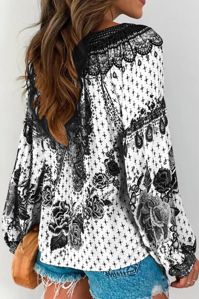 White Floral Print Long Sleeve Mid-Length Blouse