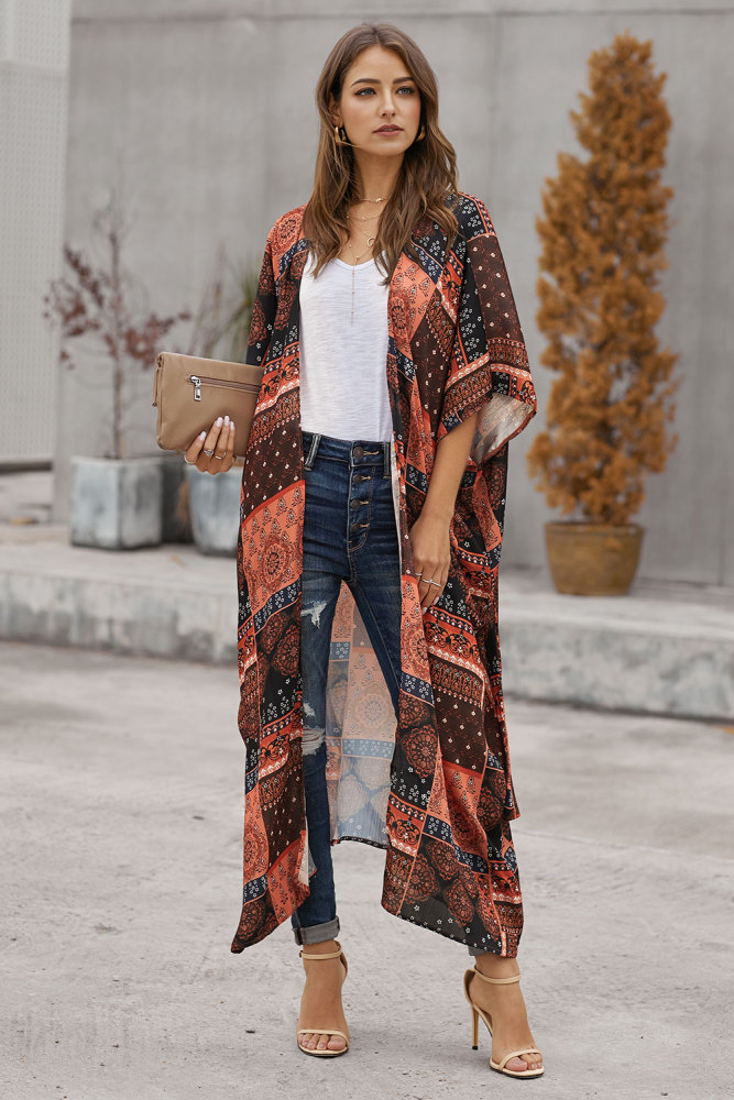 Orange Bohemian Style Tie Kimono