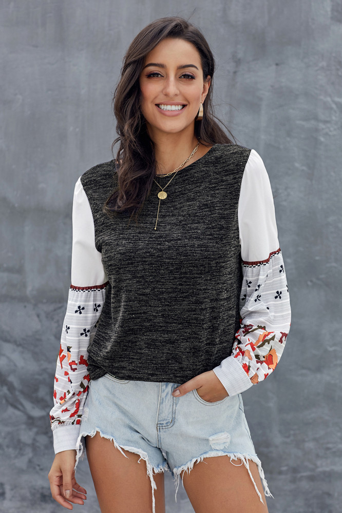 Black Contrast Printed Sleeve Knit Sweatshirts