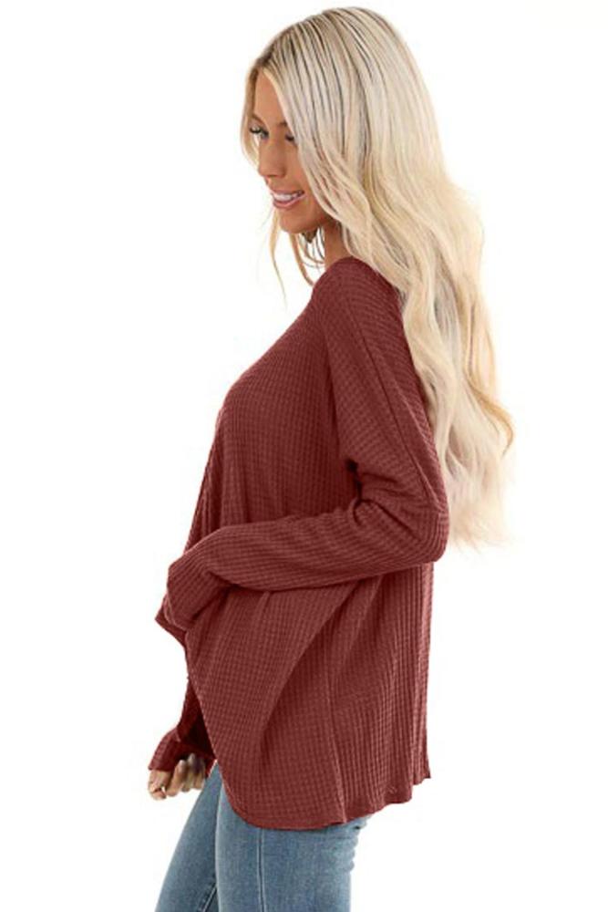 Red Waffle Texture V Neck Twist Long Sleeve Top