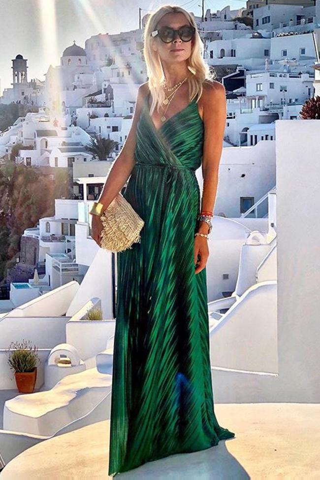 Green V Neck Tunic Satin Maxi Dress