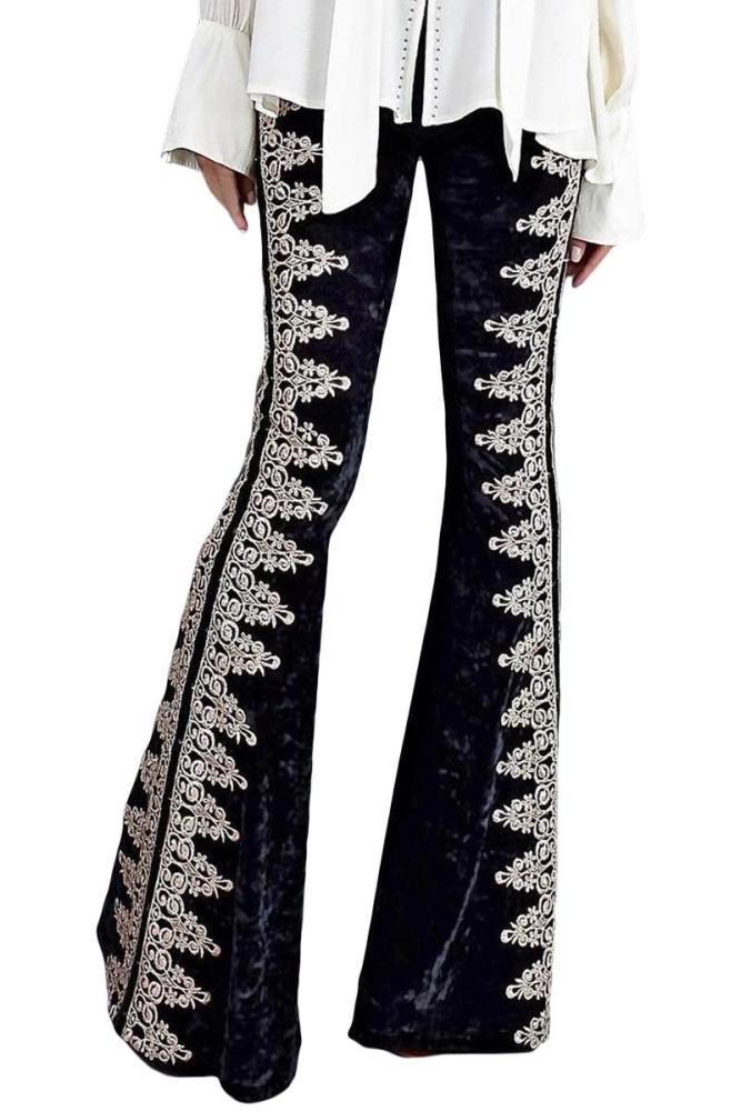 Black Lace Stitching Velvet Flare Pants