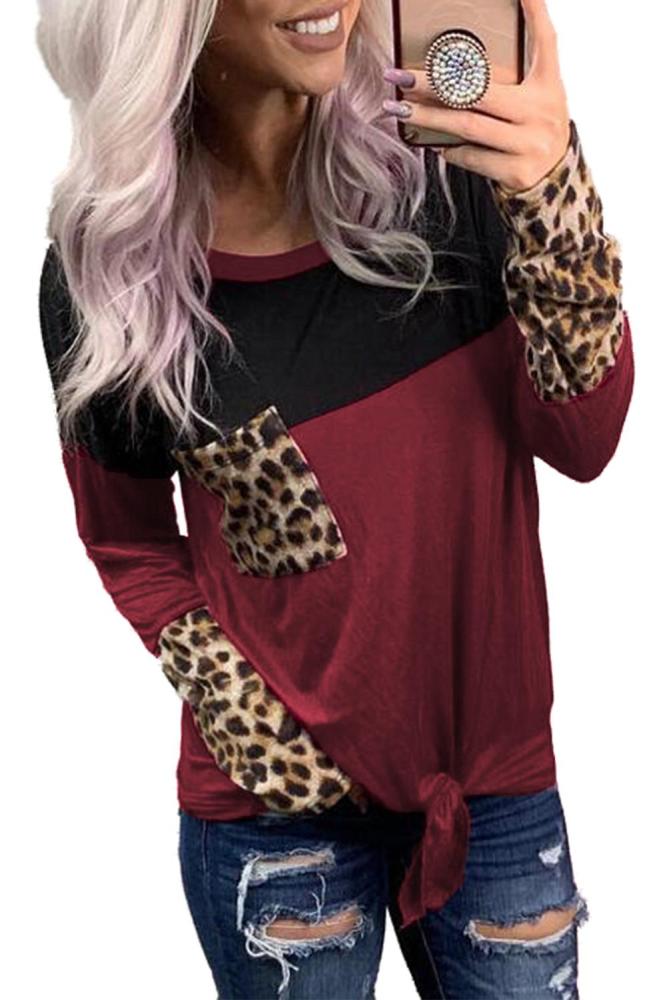 Red Color Block Splicing Leopard Printed Pocket Tie Blouse