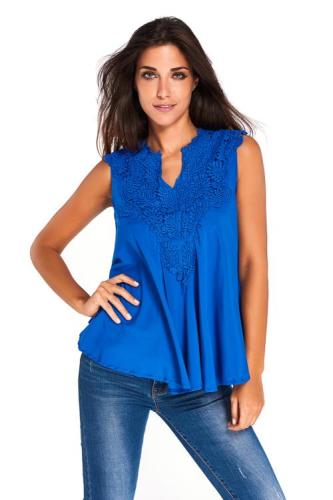 Blue Embroidered Applique V Neck Blouse Top