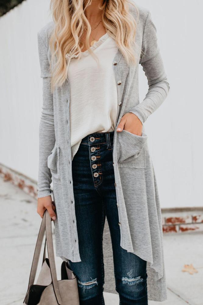 Light Gray Selected Button Down Pocketed High Low Cardigan