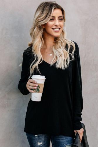 Black Zip Side V Neck Long Sleeve Pullover Top