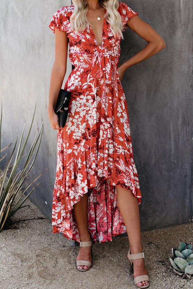 Red Floral High Low Pocketed Tie Maxi Dress