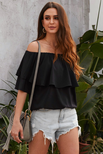 Black Soft Breeze Frilling Off-shoulder Top