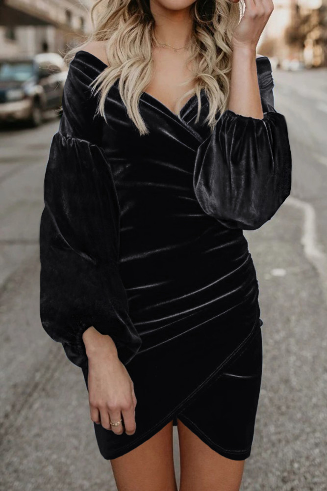 Black Puff Sleeve Off Shoulder Wrap Bodycon Velvet Dress