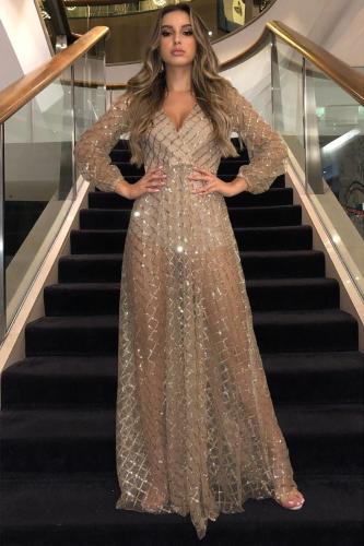 Apricot Glittering Checked Pattern Sheer Gown