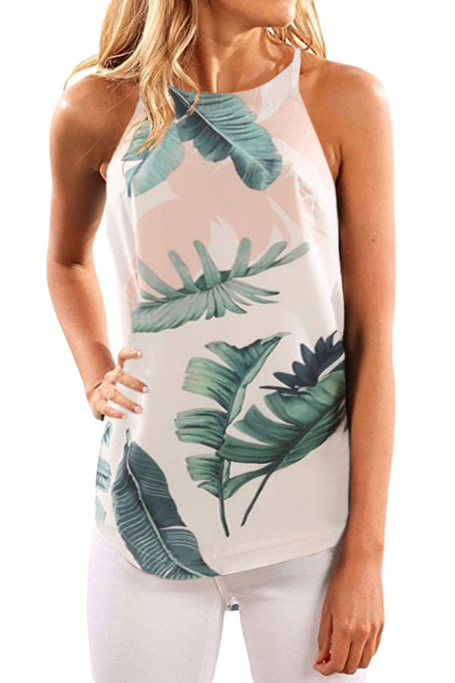 All Over Light Blue Leaves Print Tank Top