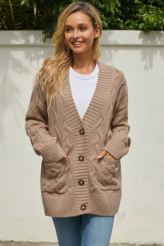 Khaki Open Front Button Down Knit Cardigan Coat