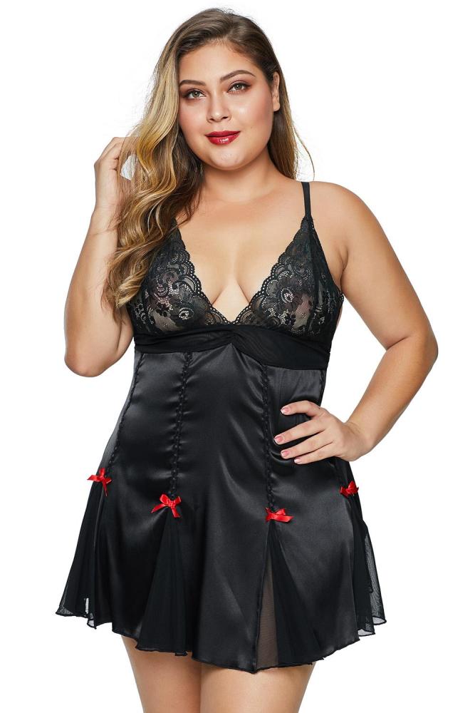 Black Lace Cup Satin Tulle Plus Size Babydoll with Bowknot