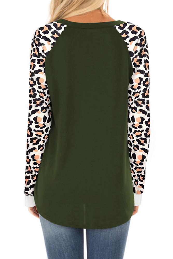 Green Leopard Print Long Sleeve Pullover Top