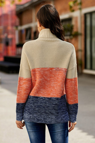 Brown Color Block Netted Texture Turtleneck Sweater