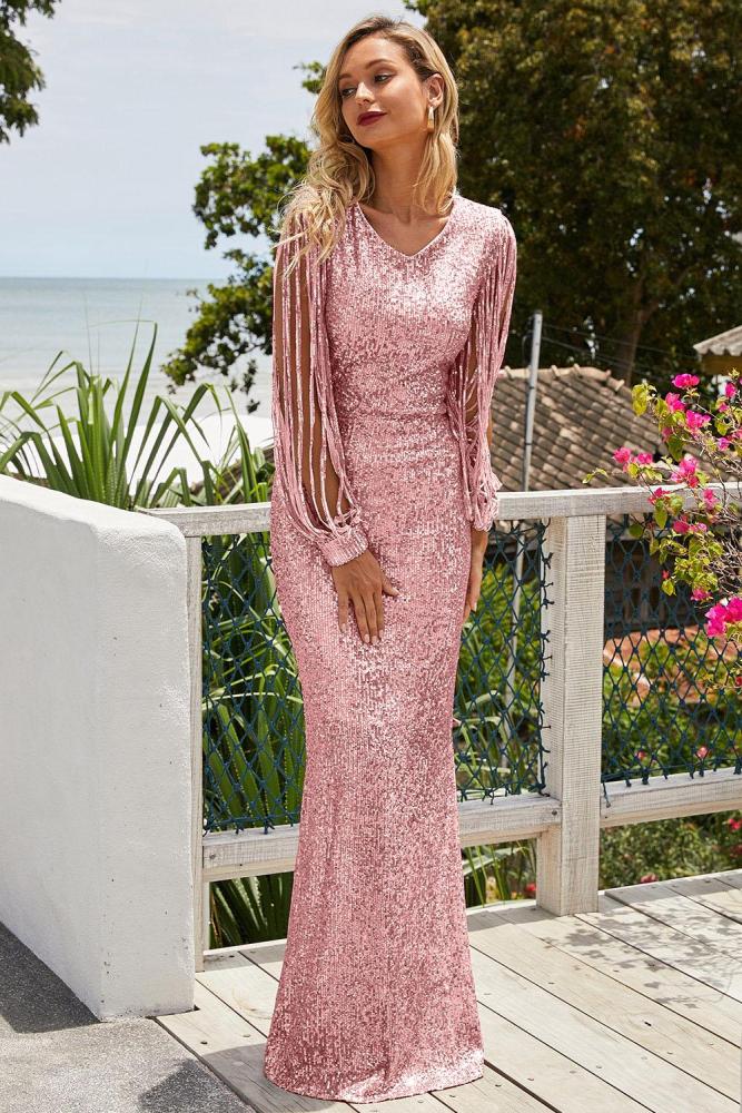 Pink Sequin Fringe Sleeve Party Maxi Evening Dress