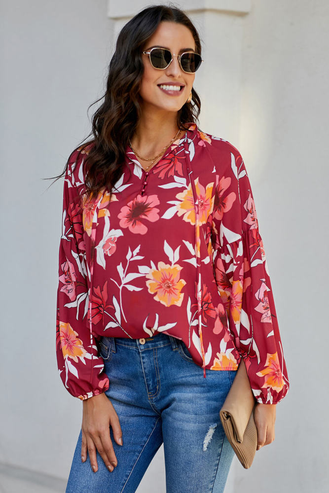Red Hues Of Autumn Floral Lantern Sleeve Blouse