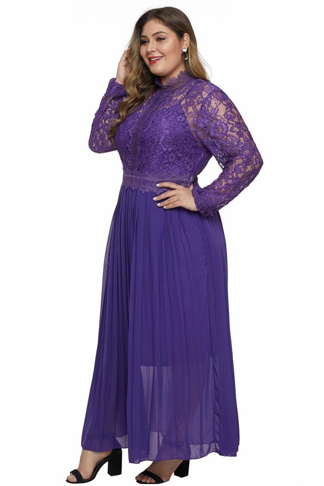 Purple High Neck Long Sleeve Lace Top Plus Size Maxi Dress