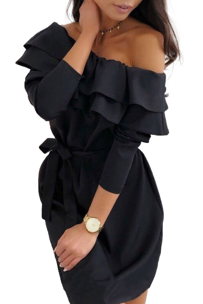 Black Double Frill Off Shoulder Long Sleeve Dress
