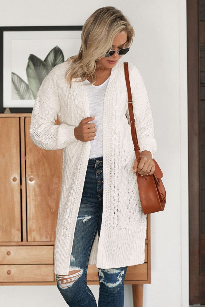 White Long Front Open Cardigan