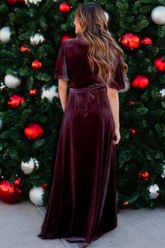 Wine Red Velvet Pleated Wrap Tie Waist Maxi Dress