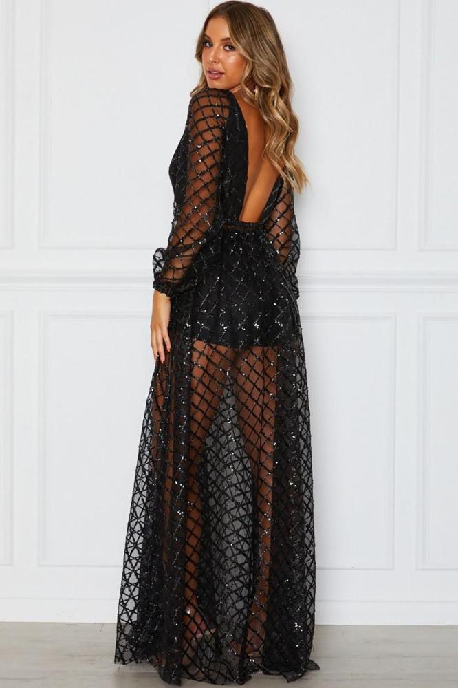 Black Glittering Checked Pattern Sheer Gown