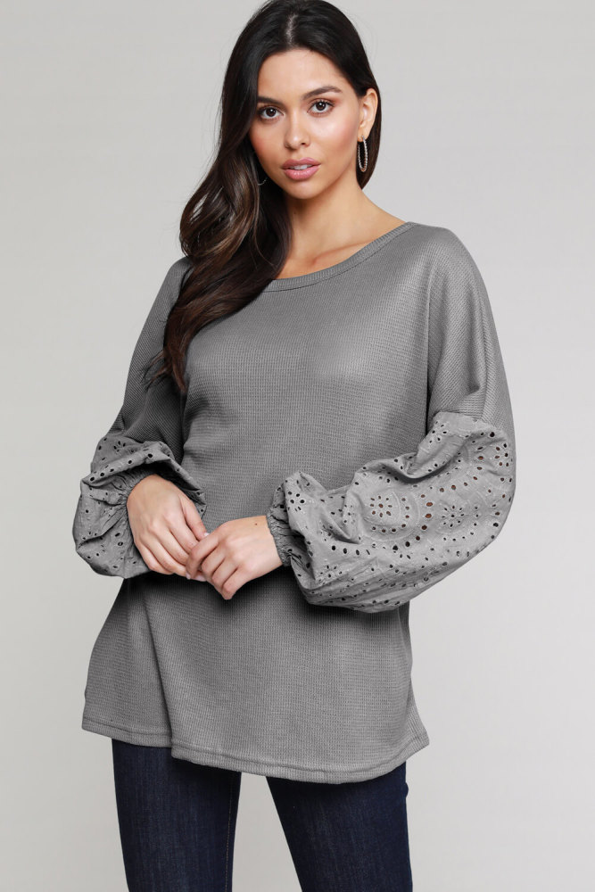 Gray Loose Casual Puffy Sleeve Top