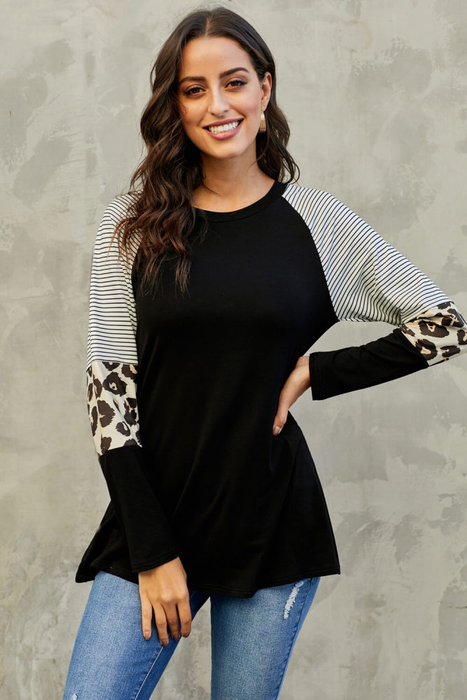 Black Striped and Leopard Color Block Sleeves Top