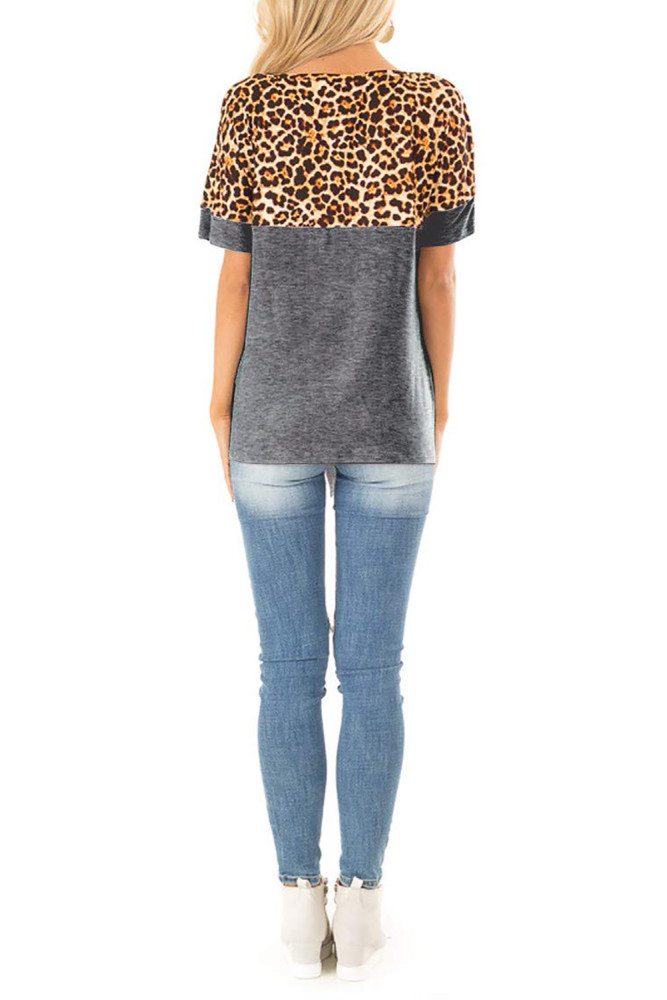 Gray Leopard Patchwork Knot Shirt