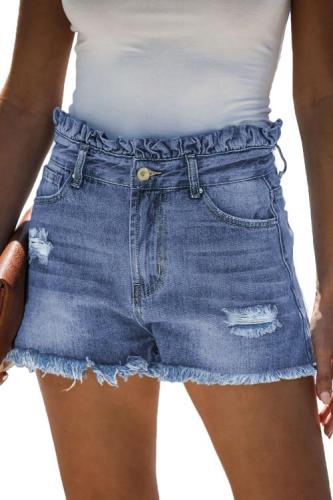 Sky Blue High Rise Ruffle Waist Denim Shorts