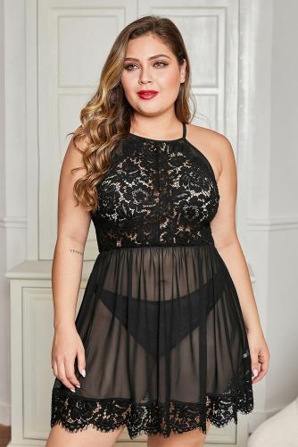 Black Plus Size Sexy Mesh Lace Babydoll with Matching Thong