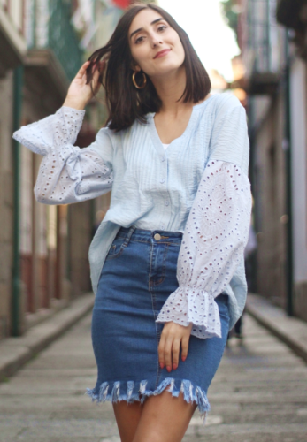Sky Blue Rekindle Eyelet Button Down Top