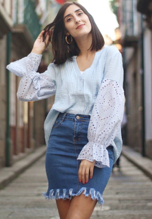 Sky Blue Rekindle Eyelet Button Down Top