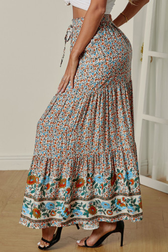 Multicolor Boho Floral Print Elastic High Waist Pleated A Line Maxi Skirt
