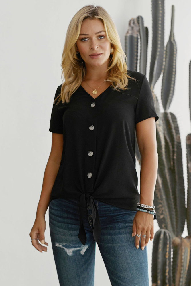 Black Button up Front Tie Detail Woven Top