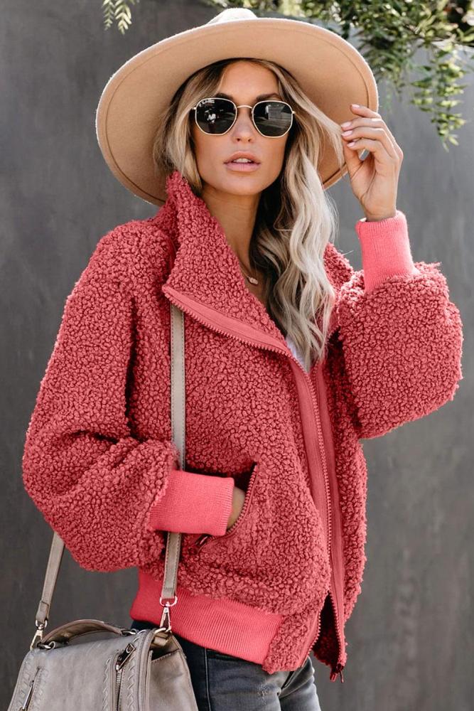 Red Cool For The Winter Pocketed Teddy Jacket