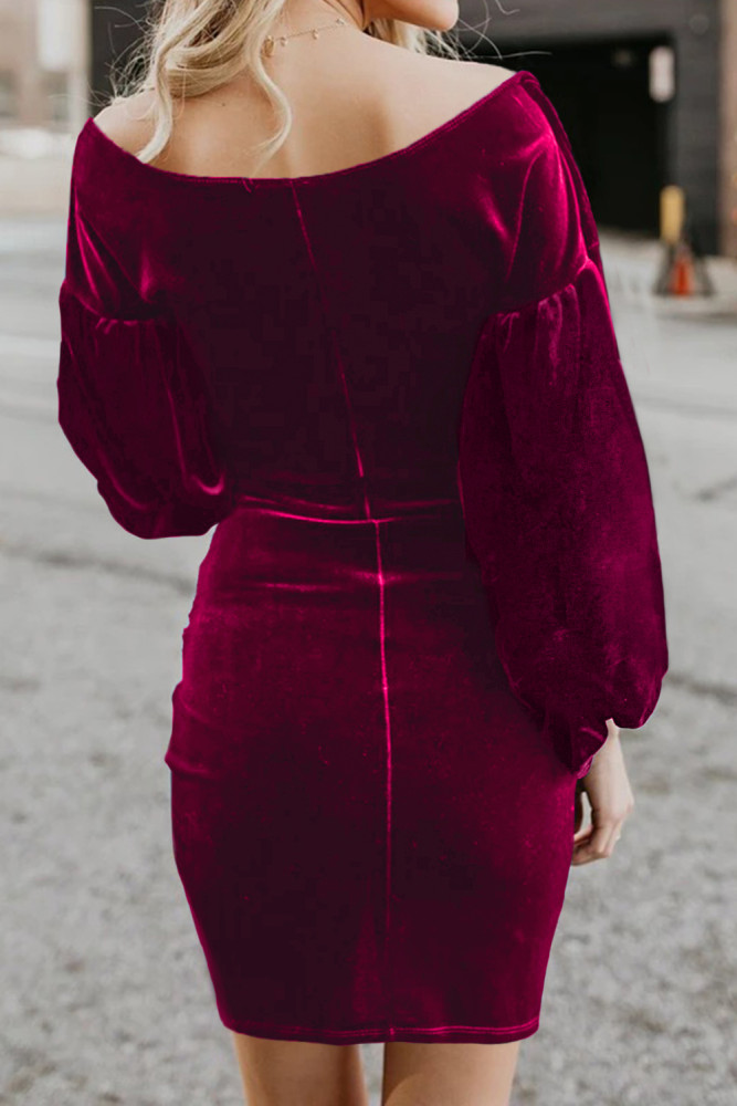 Red Puff Sleeve Off Shoulder Wrap Bodycon Velvet Dress