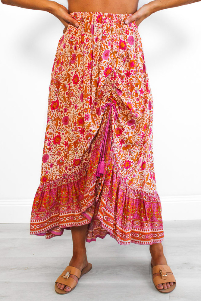 Red Floral Motif Talking Pretty Maxi Skirt