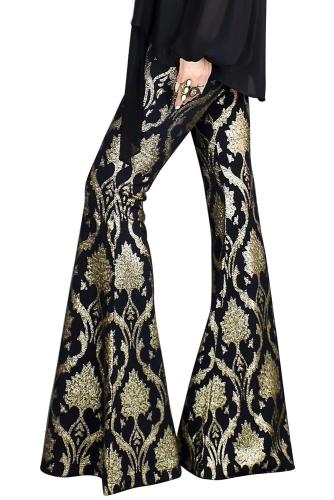 Retro Gold Leaf Foil Print Flare Pants