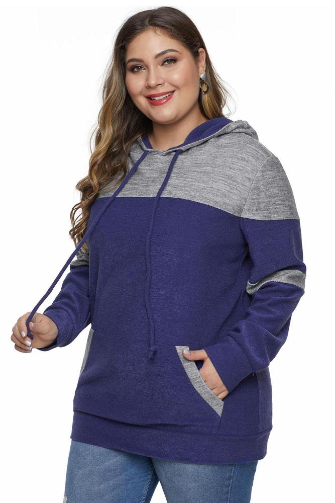 Blue Color Block Pullover Plus Size Hoodie with Pocket