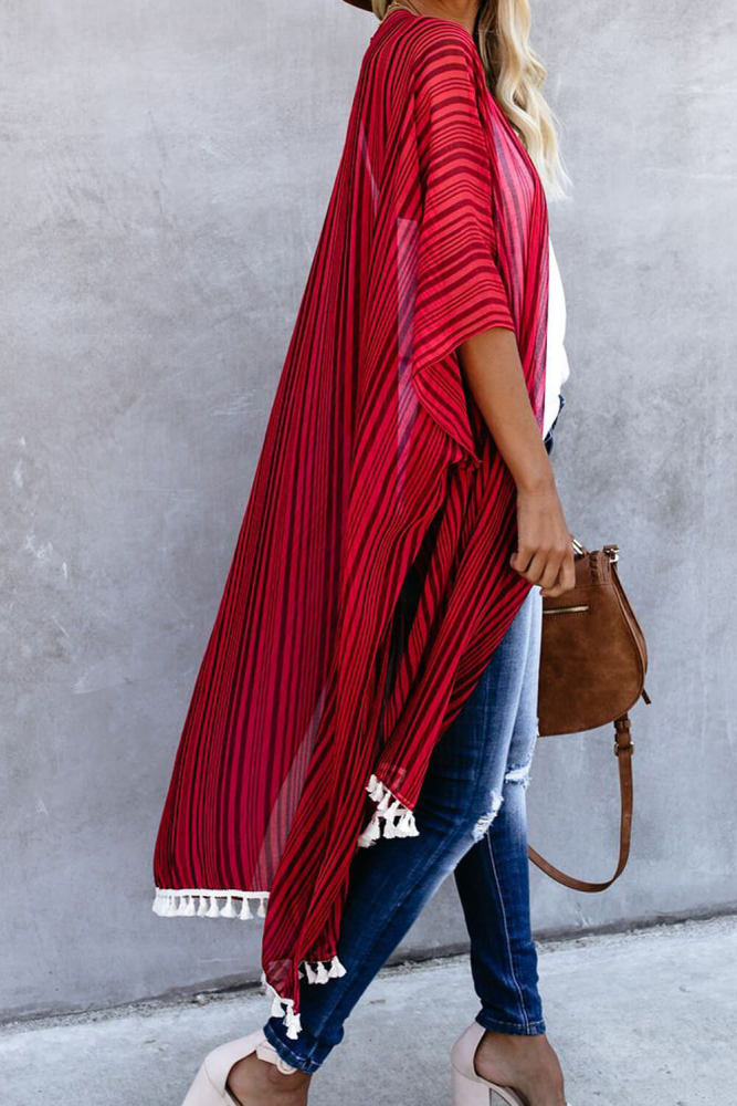 Red Striped Tassel Kimono
